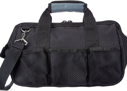 Amazon Basics Durable Wear-Resistant Tool Storage Bag with Adjustable Shoulder Strap, Portable Tool Organizer, 16 Pockets, 12 in, Black & Gray