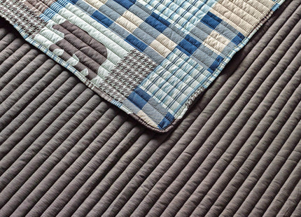 Rugs 4 Less Rustic Modern Farmhouse Cabin Lodge Stripe Quilted Bedspread Coverlet Bedding Set with Patchwork Grizzly Bears and Buffalo Plaid Check Patterns Beige Blue - Western 2 (Twin)