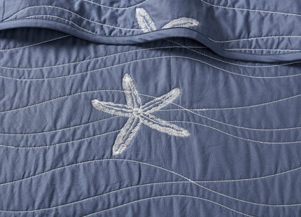 Harbor House Seaside Reversible Cotton Quilt Set Coastal Clam, Starfish, Coral Embroidery, All Season, Pre-Washed Coverlet Bedding Layer, Decorative Pillow, Full/Queen(90"x90") Navy 4 Piece
