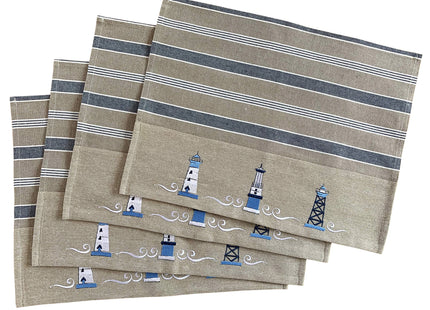 Nautical Placemats – Set of 4 –– Cotton Decorative Embroidered Design - Natural, Navy Blue and White (Lighthouse)
