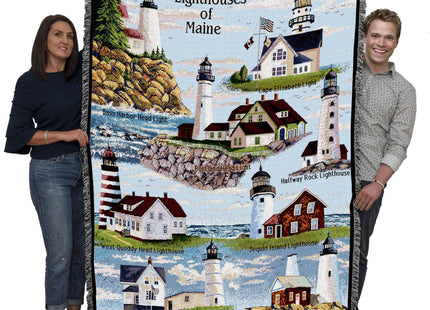 Lighthouses of Maine Blanket - Bass Harbor Cape Elizabeth Halfway Rock Sequin Neddick West Quoddy Portland Pemaquid - Coastal Ocean Gift Tapestry Throw Woven from Cotton - Made in the USA (72x54)