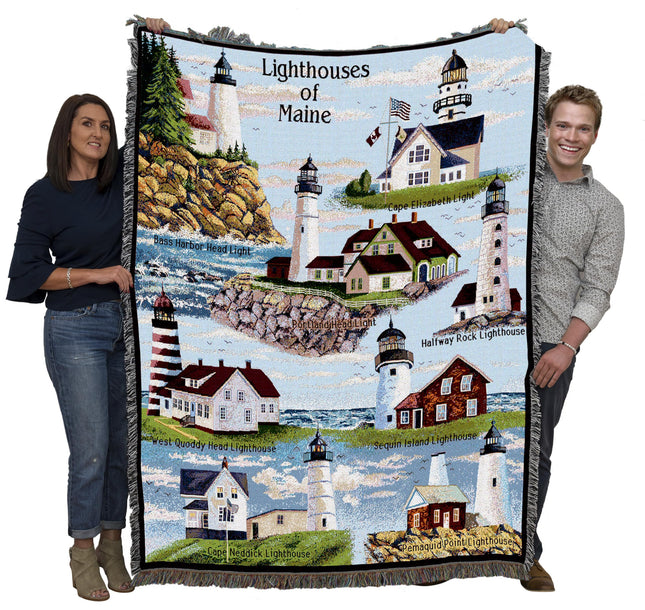 Lighthouses of Maine Blanket - Bass Harbor Cape Elizabeth Halfway Rock Sequin Neddick West Quoddy Portland Pemaquid - Coastal Ocean Gift Tapestry Throw Woven from Cotton - Made in the USA (72x54)