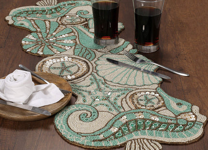 CLEENTABLE Coastal Beaded Table Runner, Green Brown
