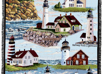 Lighthouses of Maine Blanket - Bass Harbor Cape Elizabeth Halfway Rock Sequin Neddick West Quoddy Portland Pemaquid - Coastal Ocean Gift Tapestry Throw Woven from Cotton - Made in the USA (72x54)