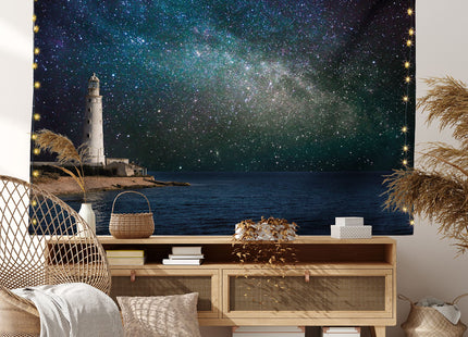 Lunarable Night Sky Tapestry Twin Size, Ocean Sea Scenery Lighthouse Romantic Nebula Cosmos Big Stars View Image, Wall Hanging Bedspread Bed Cover Wall Decor, Twin Size, White Blue