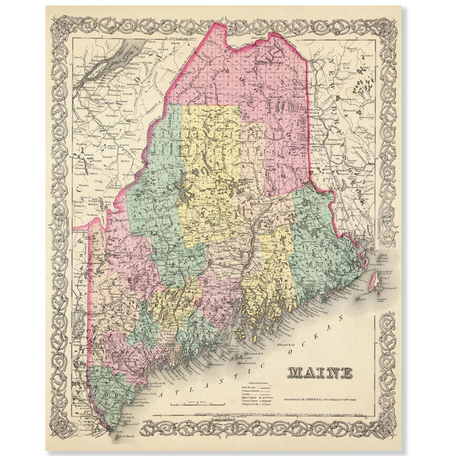 Maine 1856 Vintage 28x36 Stretched Canvas Ready to Hang – Antique Colton’s Atlas Cartography Reproduction Historical Wall Art Rustic New England Décor for Home Office Library Study or Classroom