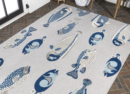 Eyely Fish High-Low Area Rug 4X6 Gray/Navy, Nautical Indoor Outdoor Rug