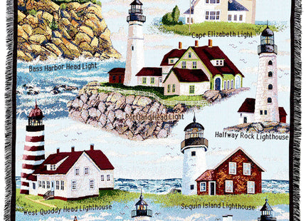 Lighthouses of Maine XL Blanket - Bass Harbor Cape Elizabeth Halfway Rock Sequin Neddick West Quoddy Portland Pemaquid - Coastal Ocean Gift Tapestry Throw Woven from Cotton - Made in the USA (82x62)