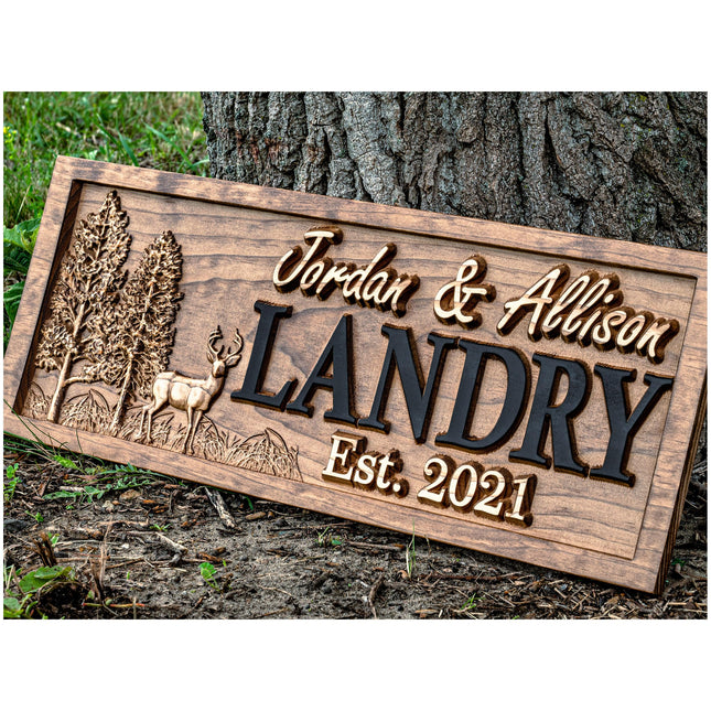 Custom 3D Wood Cabin Family Name Sign | Deer Hunting Wedding Gift