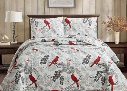 Virah Bella Cardinals 3-Piece Full/Queen Quilt Set - Red Cardinal Bird & Winter Berries Patchwork Bedspread Coverlet - Lightweight All-Season Rustic Lodge Bedding with 2 Standard Shams, 90" x 90"