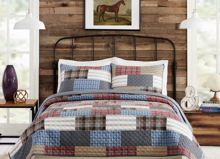 Cabin Patchwork Plaid 100% Cotton 3-Piece Quilt Set, Reversible Lightweight Quilt and Shams, Coverlet Set (King Size, Red/Blue/Beige)