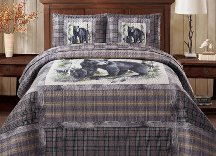 Virah Bella 3-Piece King Lodge Quilt Bedding Set - Rustic Bear Family Panel Country Reversible Coverlet with 2 Decorative King Pillow Shams - Lightweight Soft Microfiber Bedspread for Cabin Décor
