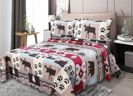 Marina Decoration Rich Printed Embossed Pinsonic Coverlet Bedspread Ultra Soft 3 Piece Summer Quilt Set with 2 Quilted Shams, Cabin Moose Bear Pattern King Size
