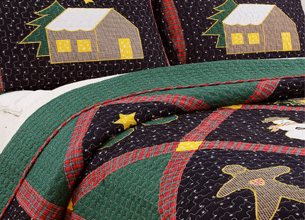 Holiday Christmas 3-Piece King Patchwork Quilt Bedding Set, Silent Night Winter Starry Sky Cabin, Soft Lightweight Coverlet Bedspread
