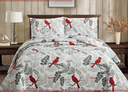 Virah Bella Cardinals 3-Piece Full/Queen Quilt Set - Red Cardinal Bird & Winter Berries Patchwork Bedspread Coverlet - Lightweight All-Season Rustic Lodge Bedding with 2 Standard Shams, 90" x 90"