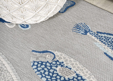 Eyely Fish High-Low Runner Rug 2X8 Gray/Navy, Nautical Indoor Outdoor Rug