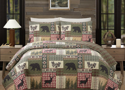 Dorset Lodge 100% Cotton Patchwork Printed Quilt with 2 Shams, Cabin 3-Piece Reversible All Seasons Quilt Set, Rustic Coverlet Bedding Set - Full Queen Size