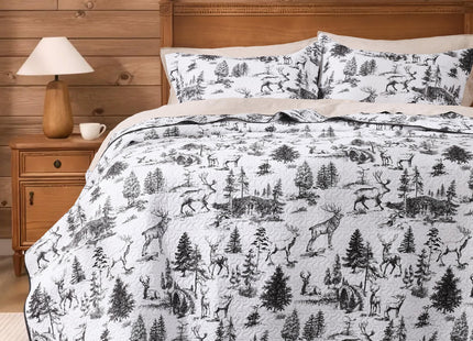 PPOLCA Rustic Twin Quilt Bedding Set, Christmas Lightweight Reversible Cabin Deer Bedspread Coverlet, 2-Piece Lodge Bed Cover Quilt with 1 Pillow Sham for All Season, White and Black