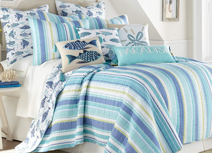 Levtex Home - Laida Beach Quilt Set - Full/Queen Quilt + Two Standard Pillow Shams - Coastal Stripe - Green, Blue, White - Quilt Size (88x92in.) and Pillow Sham Size (26x20in.) - Reversible - Cotton