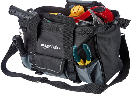 Amazon Basics Durable Wear-Resistant Tool Storage Bag with Adjustable Shoulder Strap, Portable Tool Organizer, 16 Pockets, 12 in, Black & Gray
