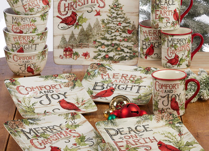 Certified International Evergreen Christmas 16 oz Ceramic Mugs – Set of 4 – Holiday Cardinal Design with Festive Sayings – Durable Stoneware Drinkware for Hot Cocoa, Coffee, Tea & Winter Gifting