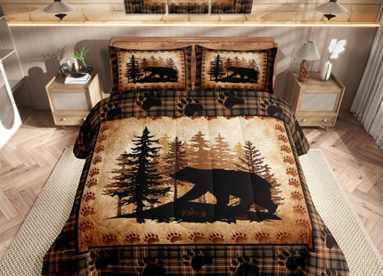 Castle Fairy Bear Print Full Size Comforter Set,Wild Animal Hunt Pine Trees Retro Bedding Comforters Bedroom Collection,Rustic Grid Plaid Cabin Decor Bedding Set for Girls Teens