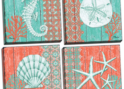 Gango Home Décor 4 Lovely Teal and Coral Ocean Seashell Sand Dollar Seahorse Star Fish Collage; Nautical Decor; Four 12 by 12-Inch Canvases