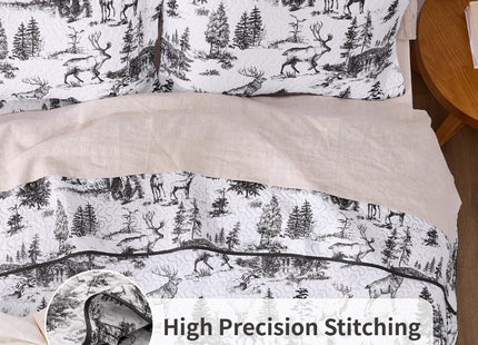 PPOLCA Rustic Twin Quilt Bedding Set, Christmas Lightweight Reversible Cabin Deer Bedspread Coverlet, 2-Piece Lodge Bed Cover Quilt with 1 Pillow Sham for All Season, White and Black