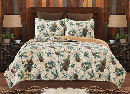 Rustic Pinecones & Needles Full/Queen Quilt Set Lodge Cabin Bedding w/ Sham