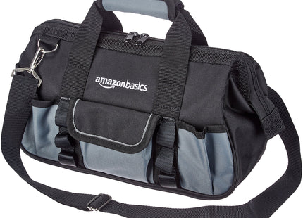 Amazon Basics Durable Wear-Resistant Tool Storage Bag with Adjustable Shoulder Strap, Portable Tool Organizer, 16 Pockets, 12 in, Black & Gray