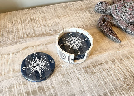 Compass Rose Coaster Set - Nautical Ocean Beach Boat Coastal Decor - Rustic Weathered Blue/White Finish