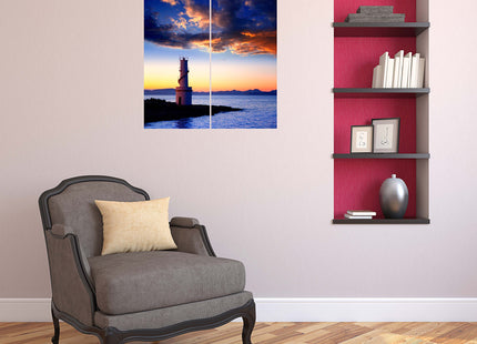 Sunset Lighthouse Canvas Wall Art Decor - 2 Piece Set, Decorative Multi Panel Split Prints - Coastal Ocean Picture for Living Room, Kitchen, Bedroom, Office & Home Decor Gift