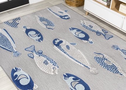 Eyely Fish High-Low Area Rug 4X6 Gray/Navy, Nautical Indoor Outdoor Rug