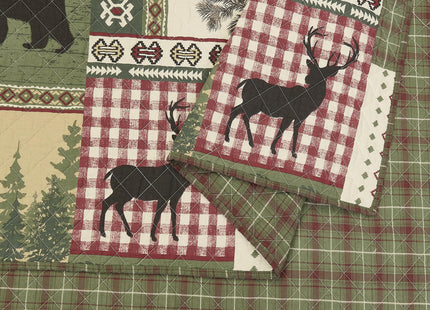 Dorset Lodge 100% Cotton Patchwork Printed Quilt with 2 Shams, Cabin 3-Piece Reversible All Seasons Quilt Set, Rustic Coverlet Bedding Set - Full Queen Size