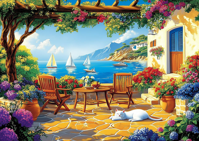 1000 Piece Jigsaw Puzzle for Adults, Seaside Garden Terrace Scene with Colorful Flowers and Cat, Mediterranean Coastal Landscape with Sailboats, Home Decor & Stress Relief