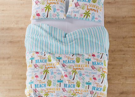 homthreads by Levtex Home - Beach Days Quilt Set - Queen Quilt (88x92in.) + Two Standard Pillow Shams (26x20in.) - Coastal Beach - Teal Blue Yellow Green Brown Pink - Reversible - Cotton Fabric