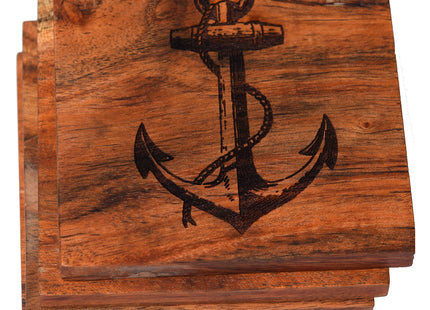 Anchor Coasters, Nautical Coasters, Coastal Drink Coasters – Anchor Décor Boater Gifts, Engraved Acacia Wood Coasters with Anchor, Beach Themed Coasters, Gifts for Boaters – Nautical Gifts (Set of 4)