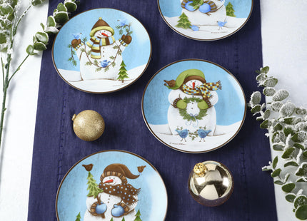 Pfaltzgraff Evergreen Ernie Snowman Porcelain Salad Plates, Set of 4, 8 Inch, Blue