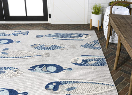 Eyely Fish High-Low Area Rug 4X6 Gray/Navy, Nautical Indoor Outdoor Rug