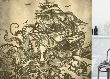 Ambesonne Nautical Shower Curtain, Kraken Octopus Tentacles with Ship Sail Boat in Ocean Lover Themed Decor, Cloth Fabric for Beach Home Bath Decorartion Set with 12 Hooks, 69" W x 75" L, Yellow Olive