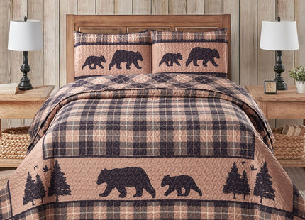 Virah Bella 3-Piece Full Queen Cabin Life Quilt Bedding Set - Rustic Black Bear Country Plaid Reversible Coverlet with 2 Decorative Standard Shams - Lightweight Soft Microfiber Bedspread, Brown