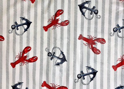 Summer Fun Lobsters & Anchors on Wavy Line Stripes Vinyl Flannel Back Tablecloth, Summer, Nautical, Ocean, Beach-Themed (52" x 90" Oblong)