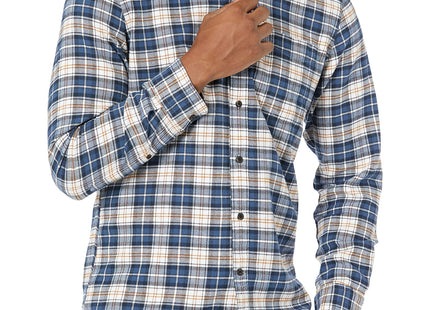 Amazon Essentials Men's Slim-Fit Brushed Cotton Flannel Shirt, Long Sleeve Button Down Collared Plaid, Blue Brown Plaid, Medium