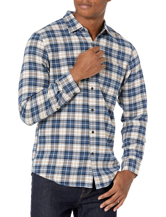 Amazon Essentials Men's Slim-Fit Brushed Cotton Flannel Shirt, Long Sleeve Button Down Collared Plaid, Blue Brown Plaid, Medium