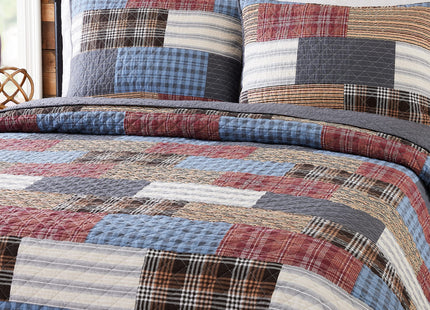 Cabin Patchwork Plaid 100% Cotton 3-Piece Quilt Set, Reversible Lightweight Quilt and Shams, Coverlet Set (King Size, Red/Blue/Beige)