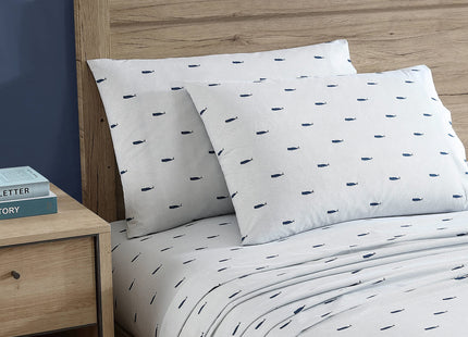 Nautica - Queen Size Sheet Set, Crisp Cotton Percale Bedding with Matching Pillowcases, Fully Elastic Fitted Sheet, Deep Pocket, Nautical Room Decor, Breathable All-Season Comfort (Whale Stripe Blue)