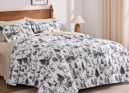 PPOLCA Rustic Twin Quilt Bedding Set, Christmas Lightweight Reversible Cabin Deer Bedspread Coverlet, 2-Piece Lodge Bed Cover Quilt with 1 Pillow Sham for All Season, White and Black
