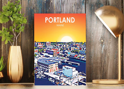 Portland Maine Art Poster Print, Portland Sunset Landscape Scenery Skyline of City, Abstract City Decoration for Bedroom and Living Room. (Portland Maine, 24x36 inches (Unframed))