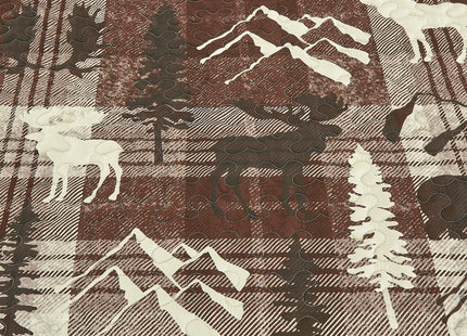 3 Pcs Rustic Cabin Quilt Set Moose and Bear Bedspread(Burgundy,King)