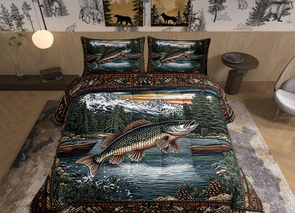 Castle Fairy Fishing and Hunting Comforter Set King Size,Pike Fish Bass Big Fish Down Alternative Adults Bedroom Decor,Lake House Ultra Soft Microfiber Inner Fill 3 Pcs Bedding